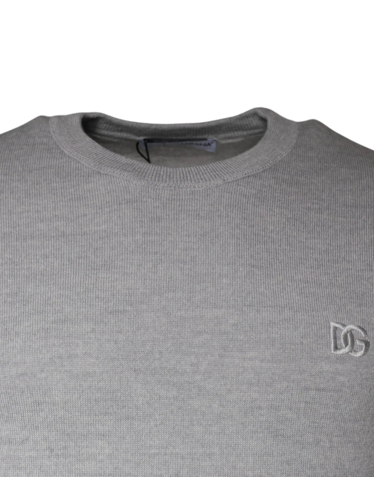 Pull à col rond en laine gris clair dolce gabbana avec logo dg brodé subtil sur la poitrine