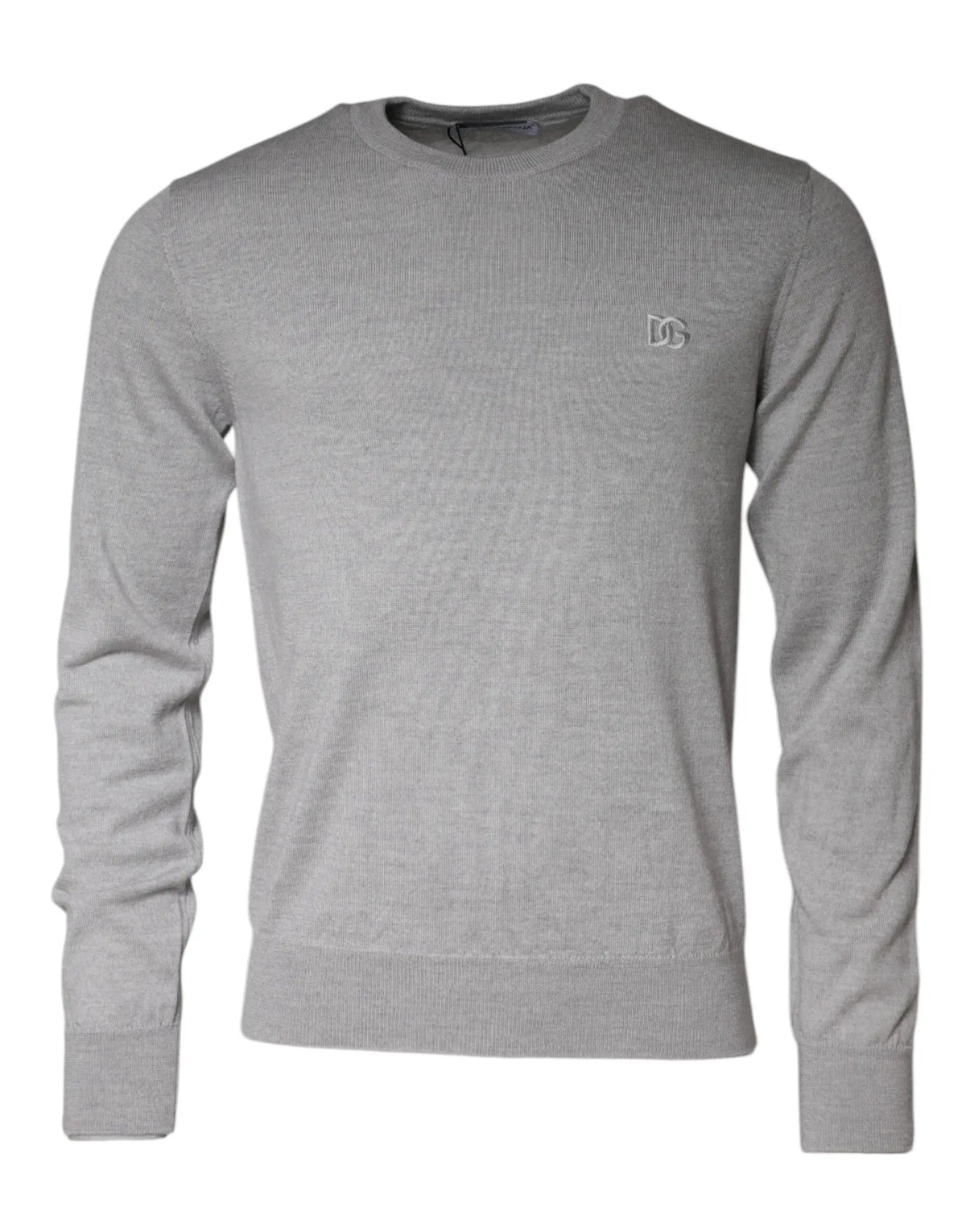 Pull en laine gris clair dolce gabbana à col rond avec maille texturée subtile et logo brodé poitrine gauche