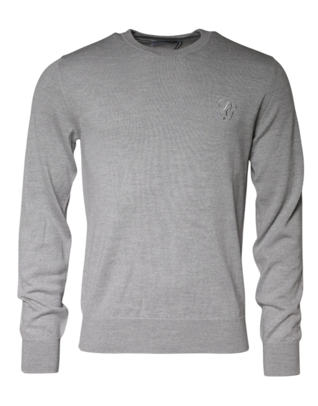 Pull gris clair dolce & gabbana en laine à col rond manches longues avec logo brodé subtil sur la poitrine gauche
