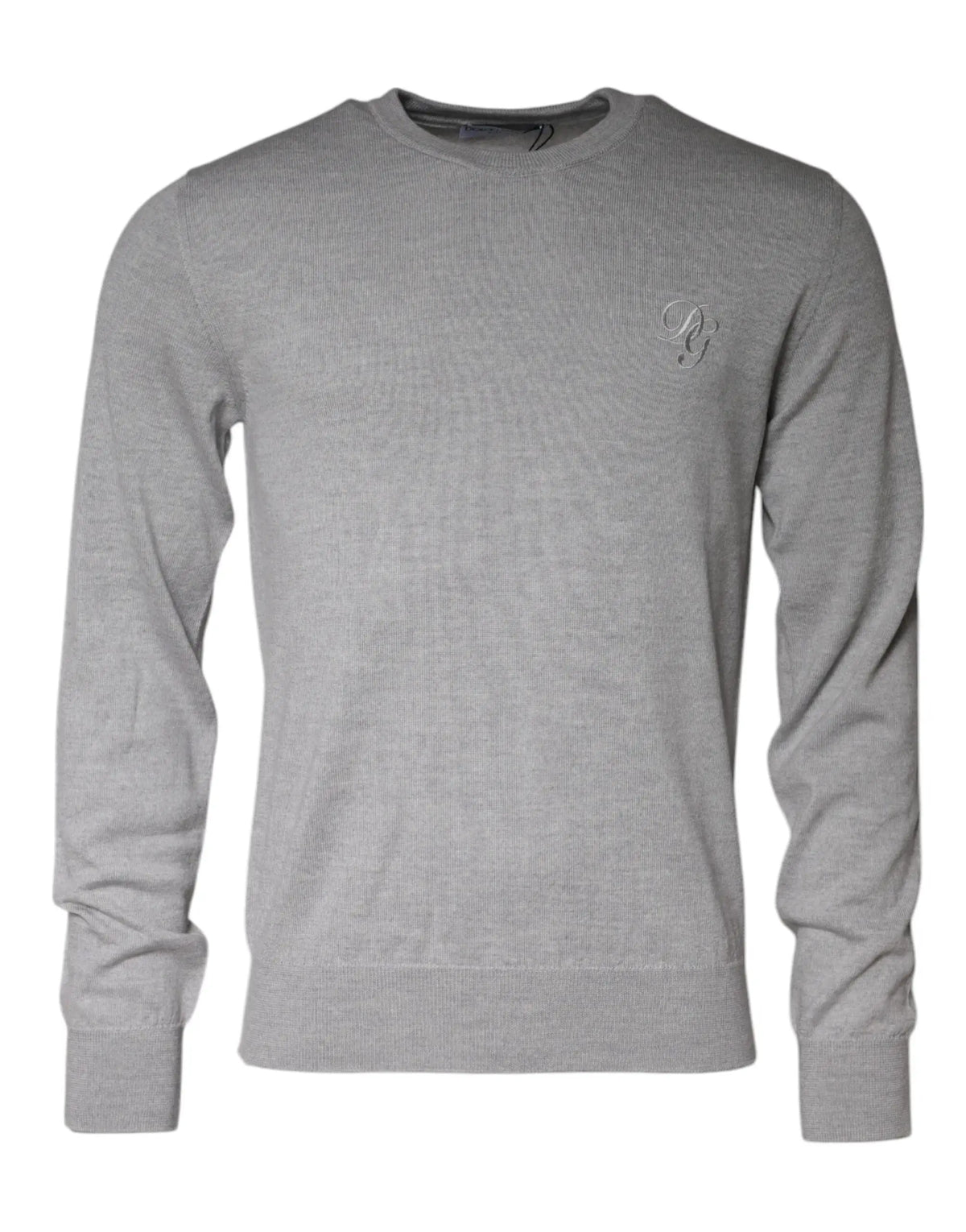 Pull gris clair dolce & gabbana en laine à col rond manches longues avec logo brodé subtil sur la poitrine gauche