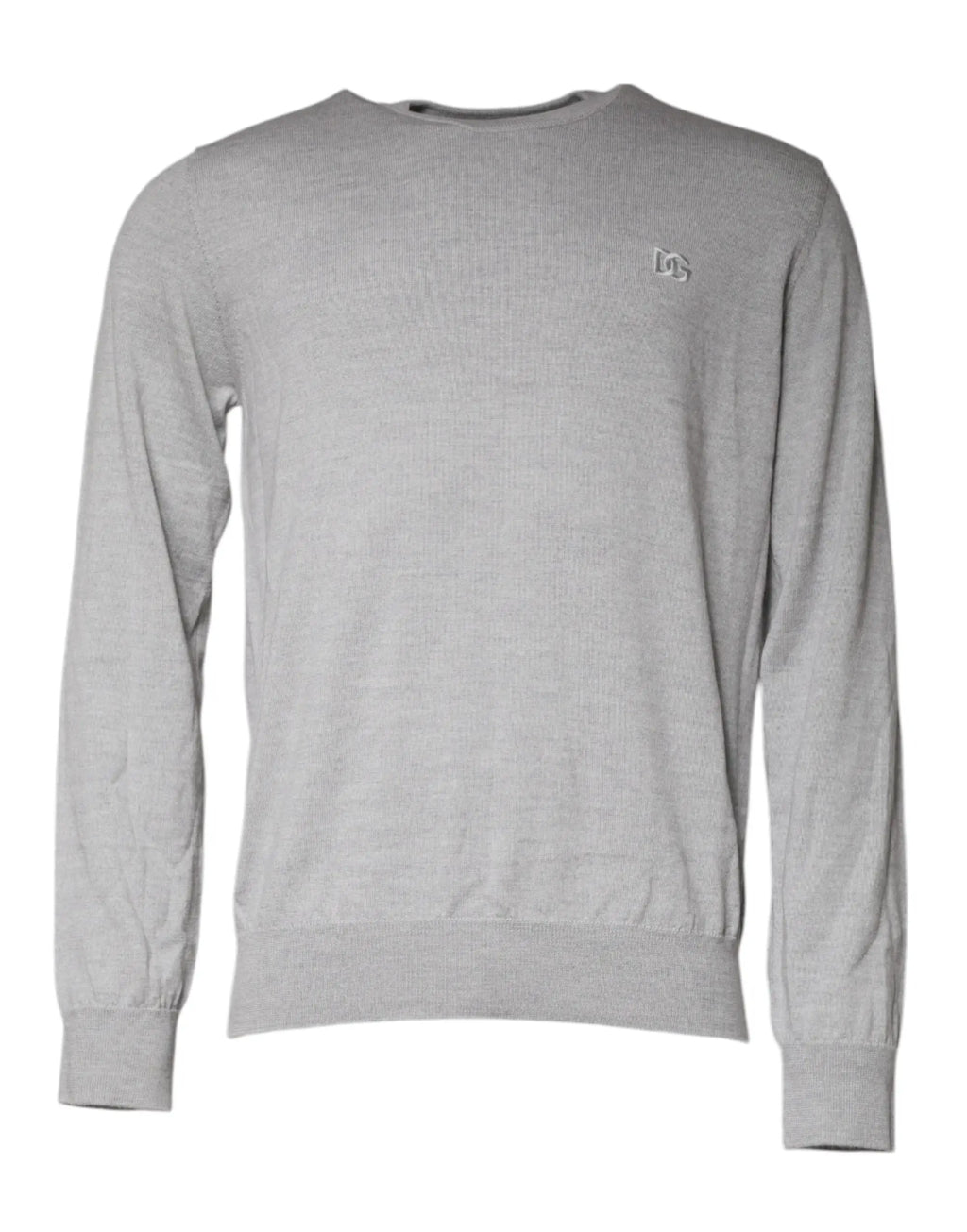 Pull en laine gris clair dolce & gabbana avec col rond, tricot texturé subtil et petit logo brodé sur la poitrine
