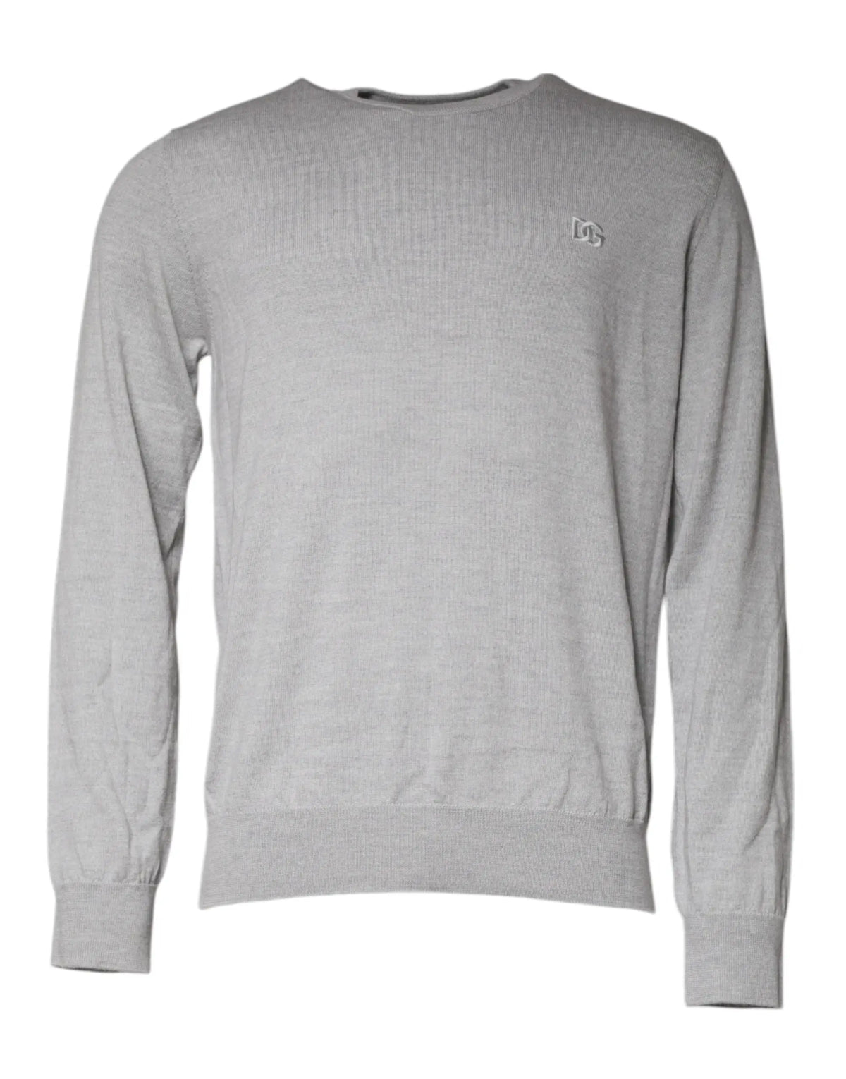 Pull en laine gris clair dolce & gabbana avec col rond, tricot texturé subtil et petit logo brodé sur la poitrine