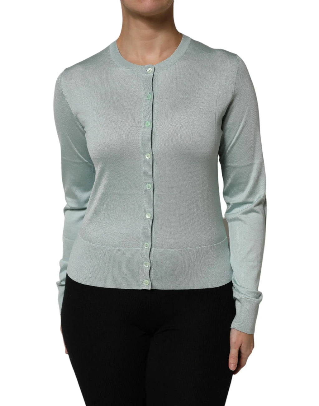 Cardigan dolce & gabbana vert clair en soie avec manches longues, texture côtelée et fermeture par boutons