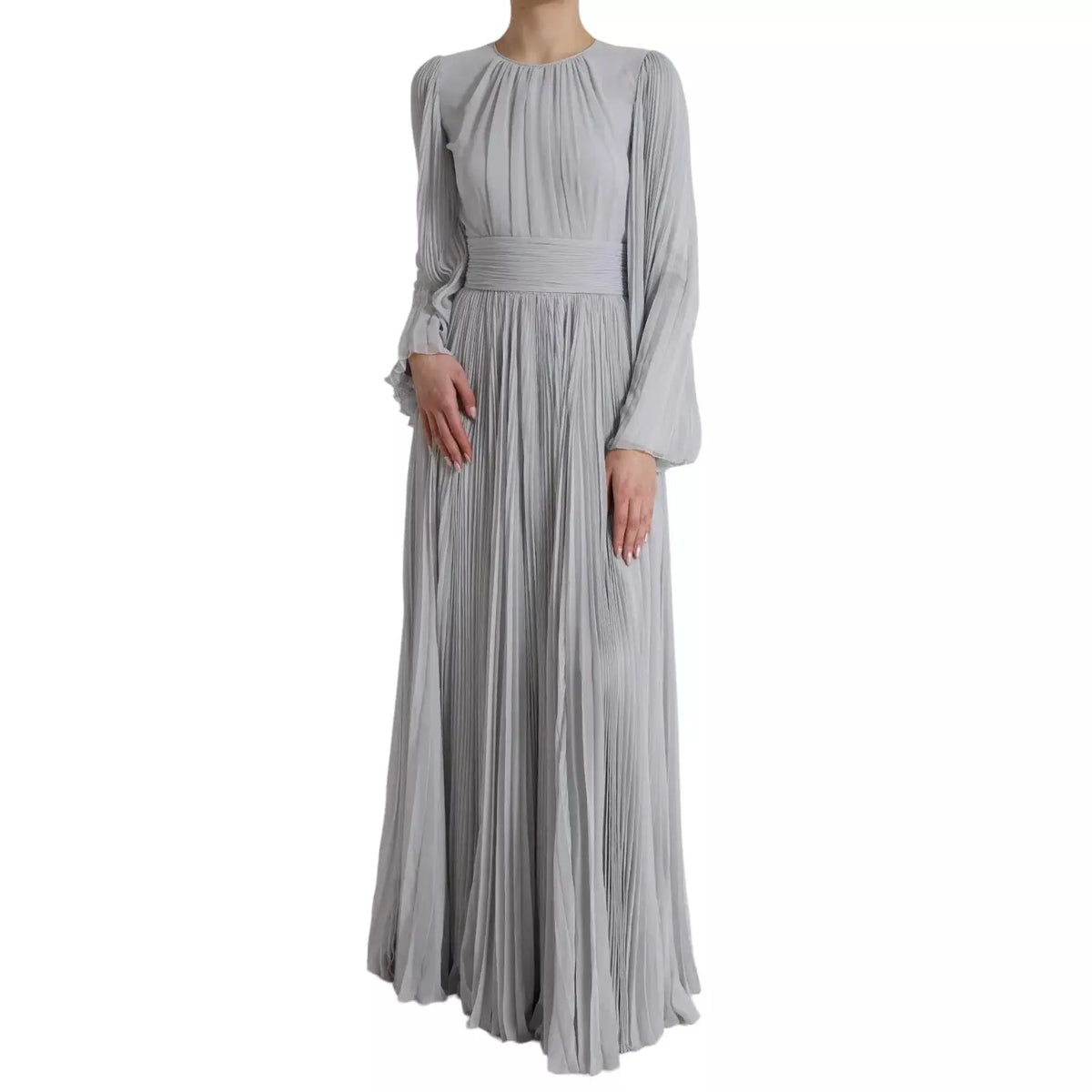 Robe maxi plissée légère gris clair en polyester dolce & gabbana à manches longues avec taille cintrée