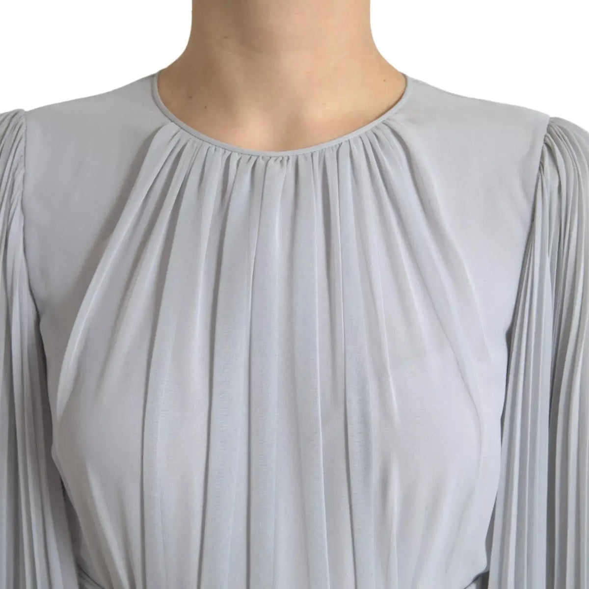 Robe maxi plissée longue gris clair en polyester de dolce & gabbana avec col rond et manches longues en tissu doux