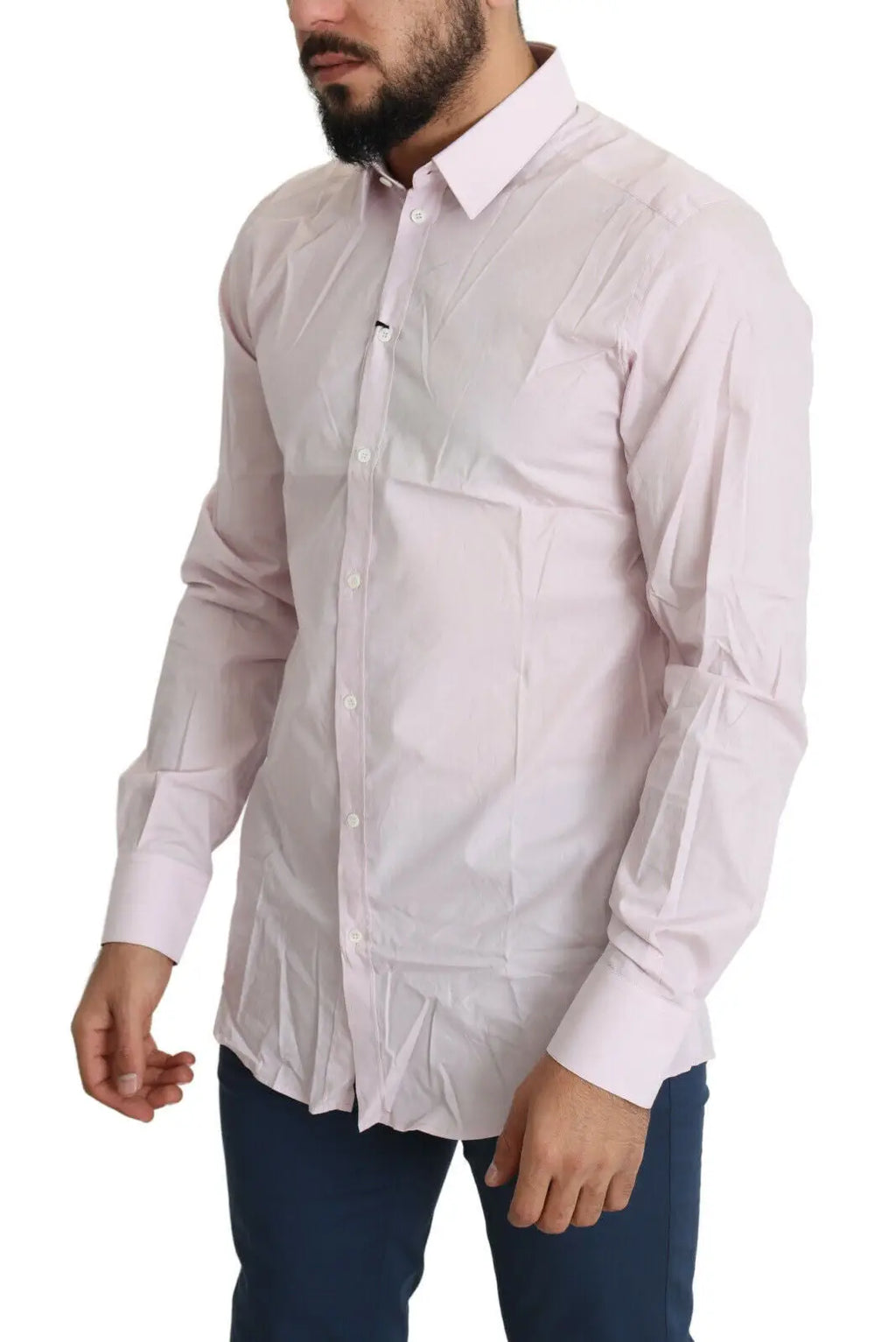 Chemise formelle dolce & gabbana en coton rose clair à manches longues avec col classique et boutonnage frontal