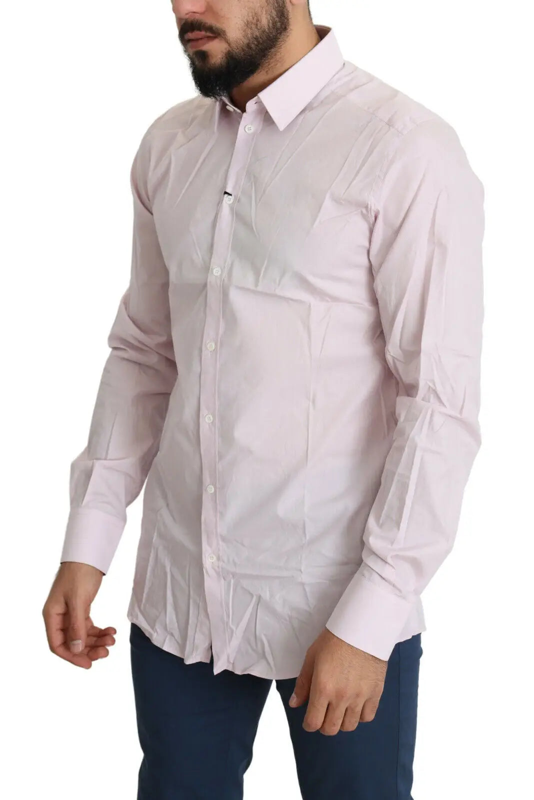 Chemise formelle dolce & gabbana en coton rose clair à manches longues avec col classique et boutonnage frontal