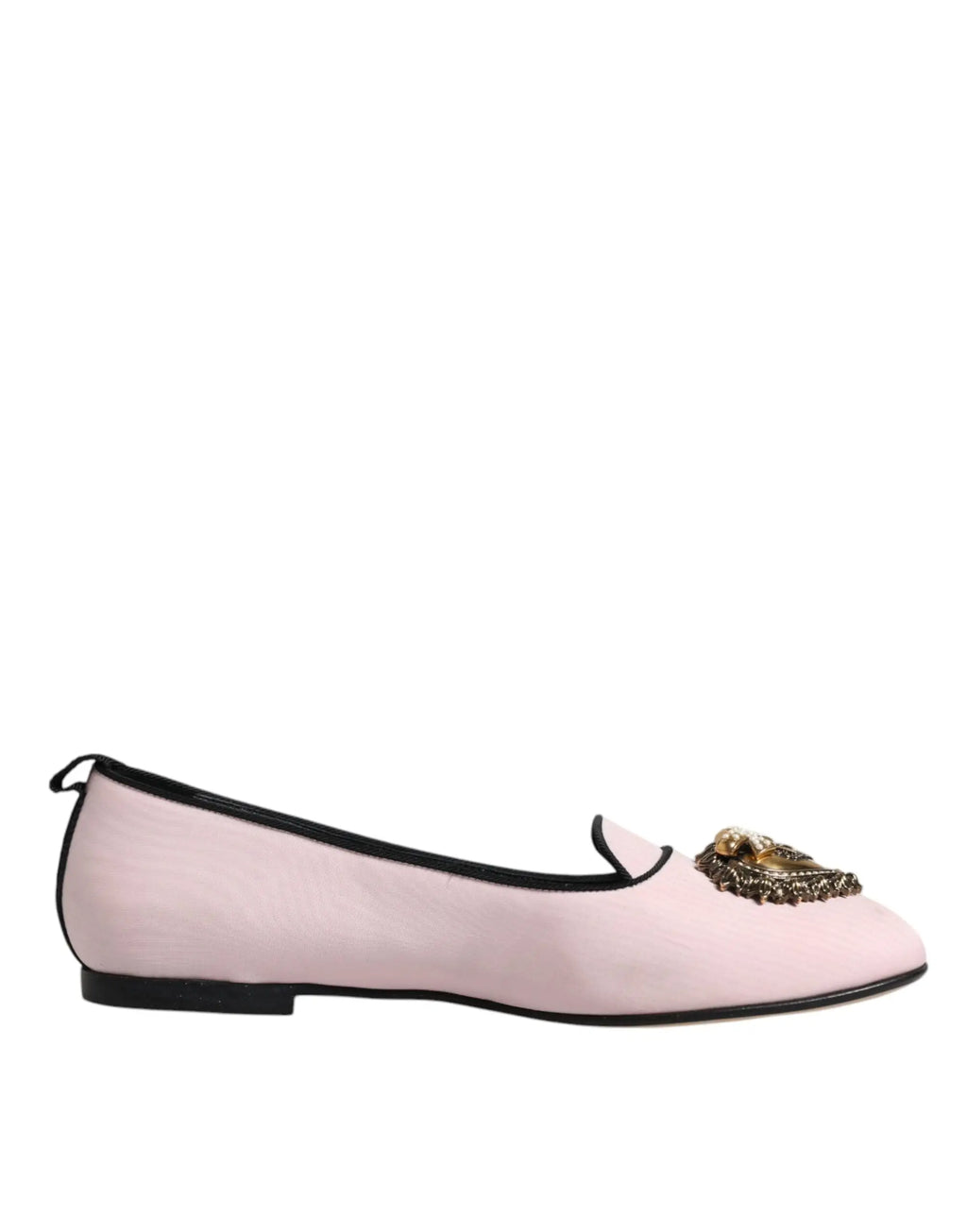 Dolce & gabbana mocassins plats en velours rose clair avec garniture noire et médaillon doré orné au bout