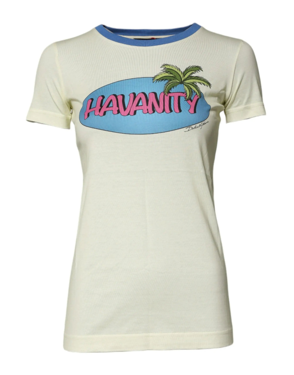 Dolce & gabbana t-shirt en coton crème à manches courtes avec col bleu et graphique havanity rose et palmier vert