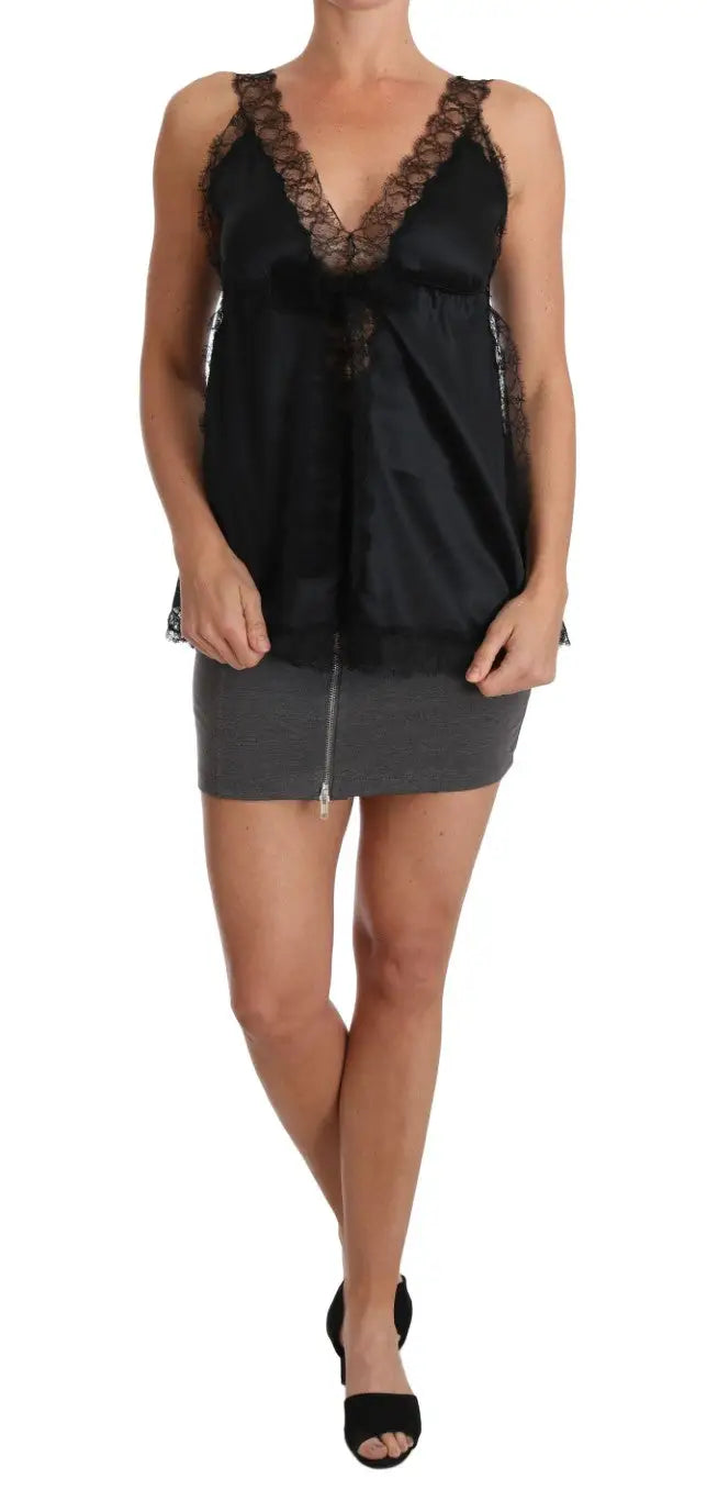 Caraco noir dolce & gabbana en satin de soie stretch avec dentelle délicate et taille froncée