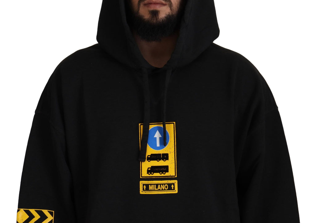 Sweat à capuche noir en coton Dolce & Gabbana DG Shield avec logo sur le devant, costume décontracté, vue de face.