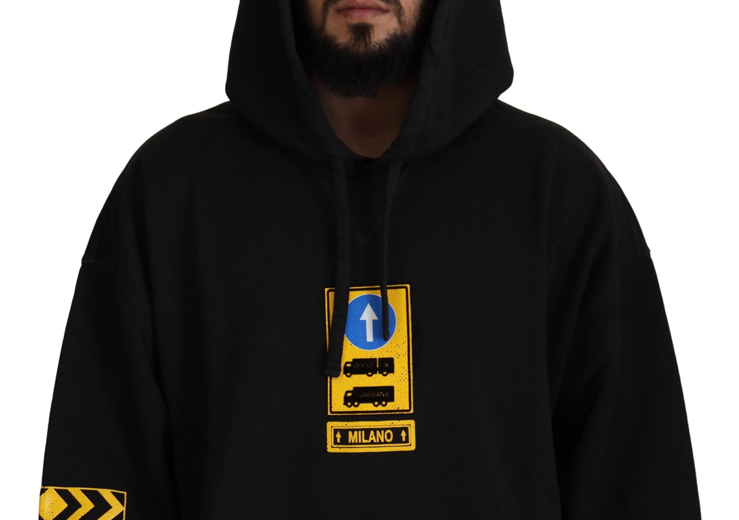 Sweat à capuche noir en coton Dolce & Gabbana DG Shield avec logo sur le devant, costume décontracté, vue de face.
