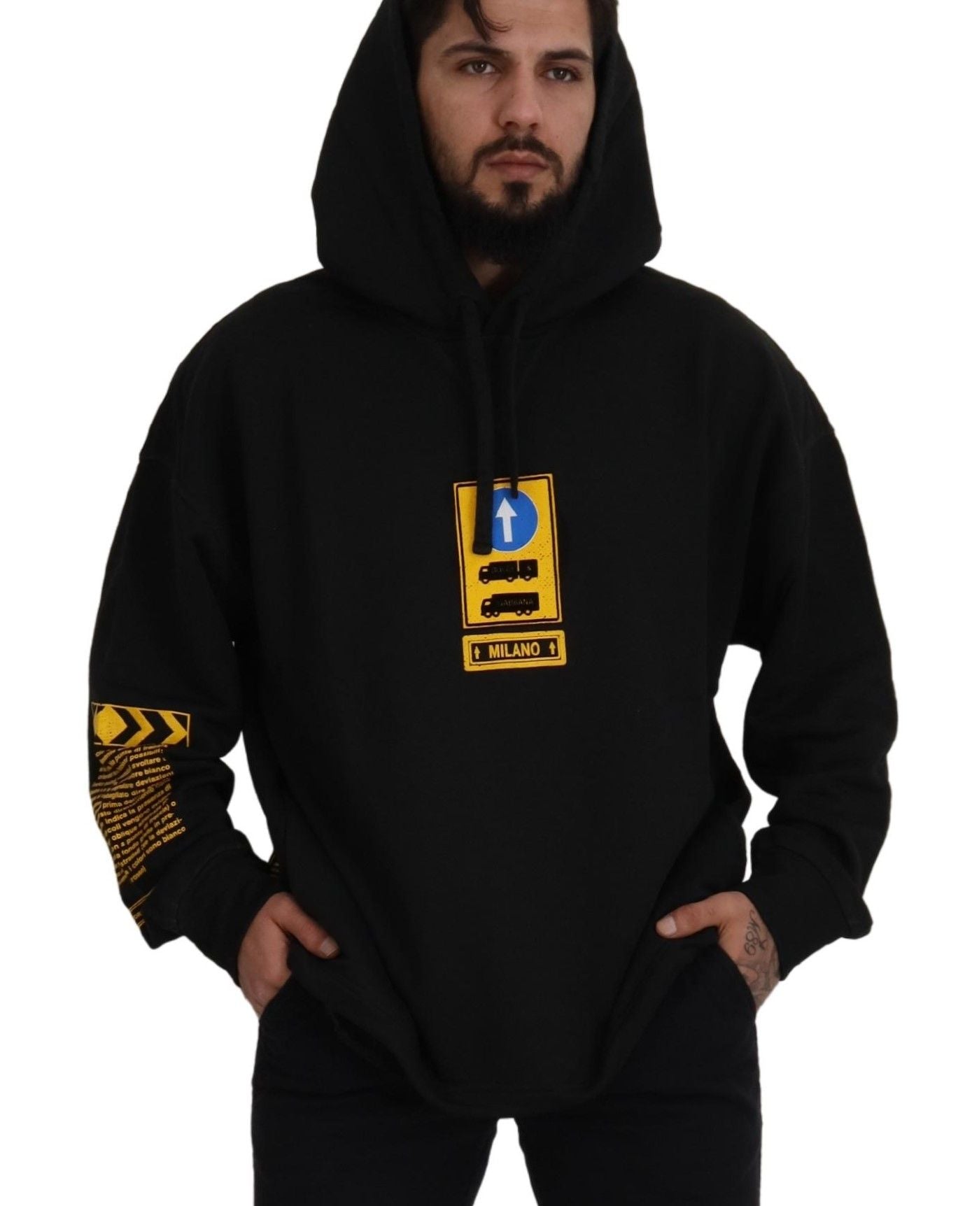 Pull à capuche noir Dolce & Gabbana en coton avec logo DG Shield visible sur le devant.