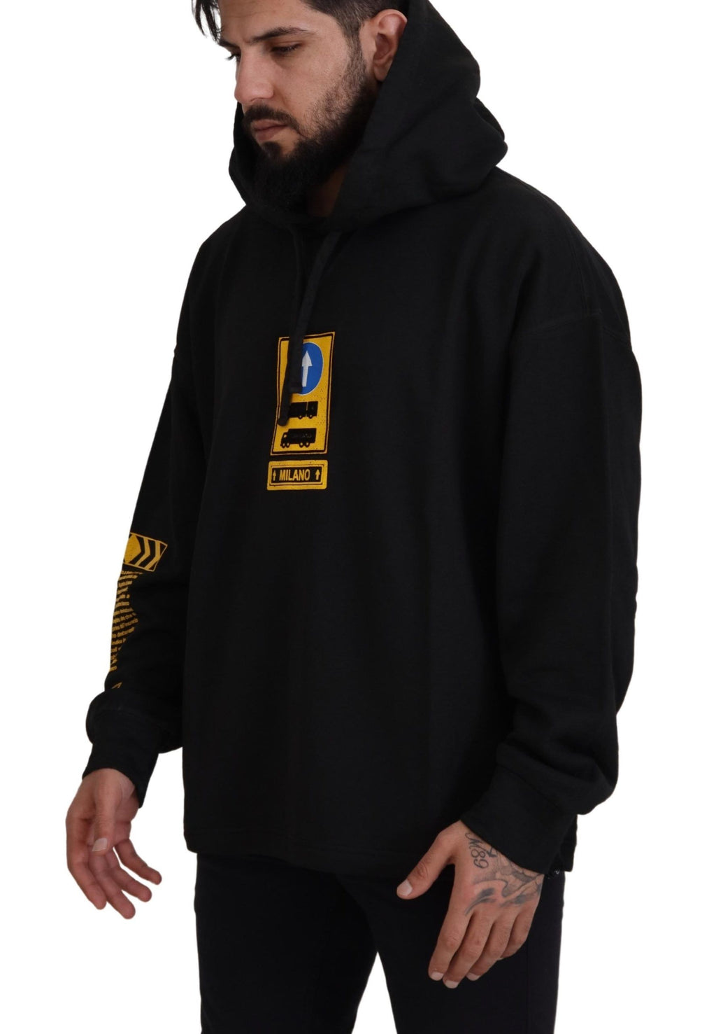 Pull à capuche noir Dolce & Gabbana en coton avec logo DG Shield, vue de face.