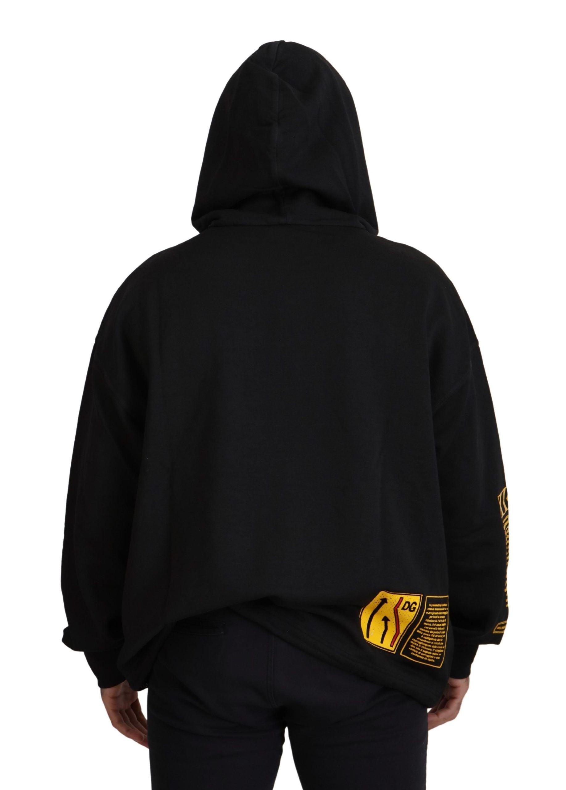 Pull à capuche noir Dolce & Gabbana en coton avec logo DG Shield visible, style décontracté et moderne.