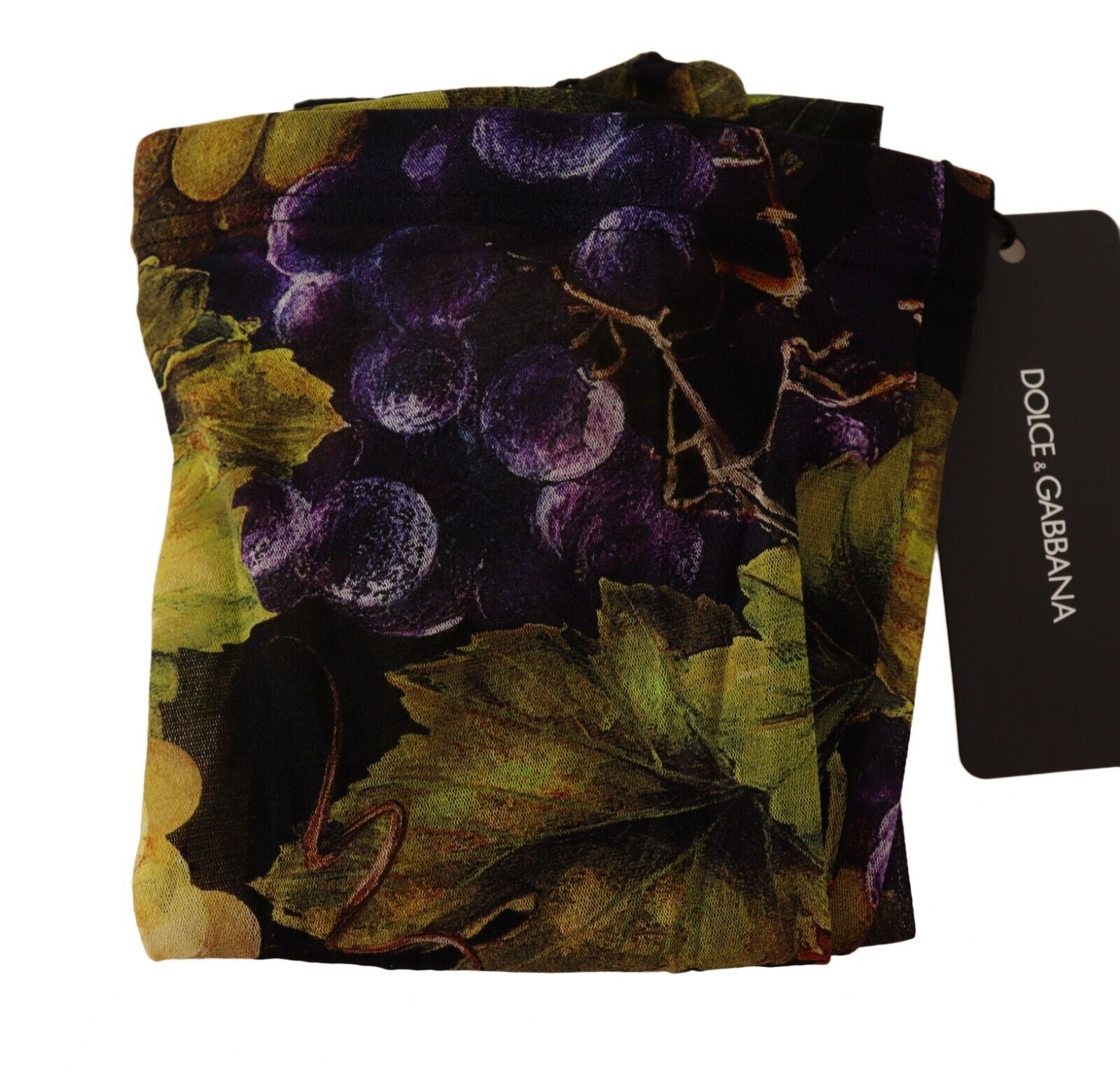 Collants noirs Dolce & Gabbana avec motif de raisins noirs, en tissu extensible, pour un style élégant et sophistiqué.
