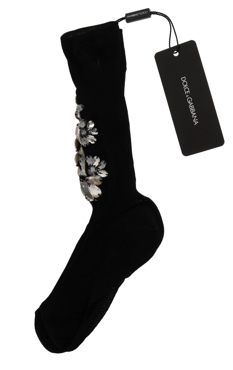 Chaussettes en maille noire Dolce & Gabbana avec motifs floraux en cristal clair, élégantes et tendance.