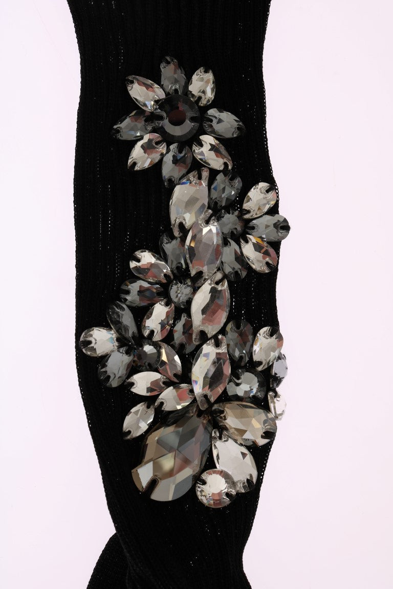 Chaussettes en coton noir Dolce & Gabbana avec motifs floraux en cristal clair, style élégant et sophistiqué.