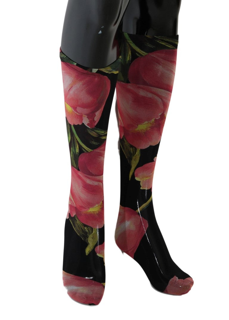 Chaussettes en nylon multicolores avec motifs floraux tulipes de Dolce & Gabbana, style élégant et coloré.