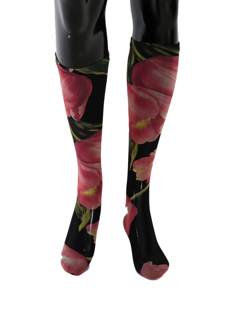 Chaussettes en nylon multicolores à fleurs tulipe de Dolce & Gabbana, motifs floraux vibrants sur fond noir.