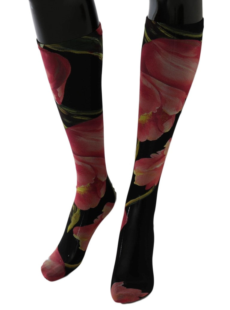 Chaussettes en nylon multicolores à fleurs tulipes de Dolce & Gabbana, motif floral vibrant et élégant.