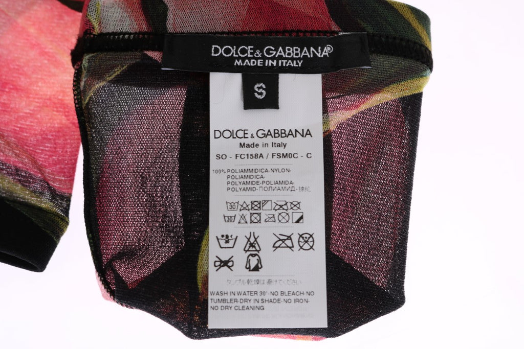 Chaussettes en nylon multicolores à fleurs tulipe de Dolce & Gabbana, motifs floraux vibrants sur fond coloré.