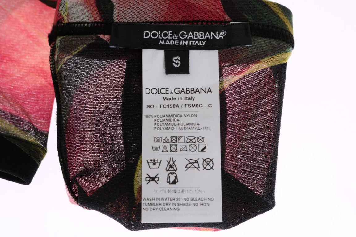 Chaussettes en nylon multicolores à fleurs tulipe de Dolce & Gabbana, motifs floraux vibrants sur fond coloré.