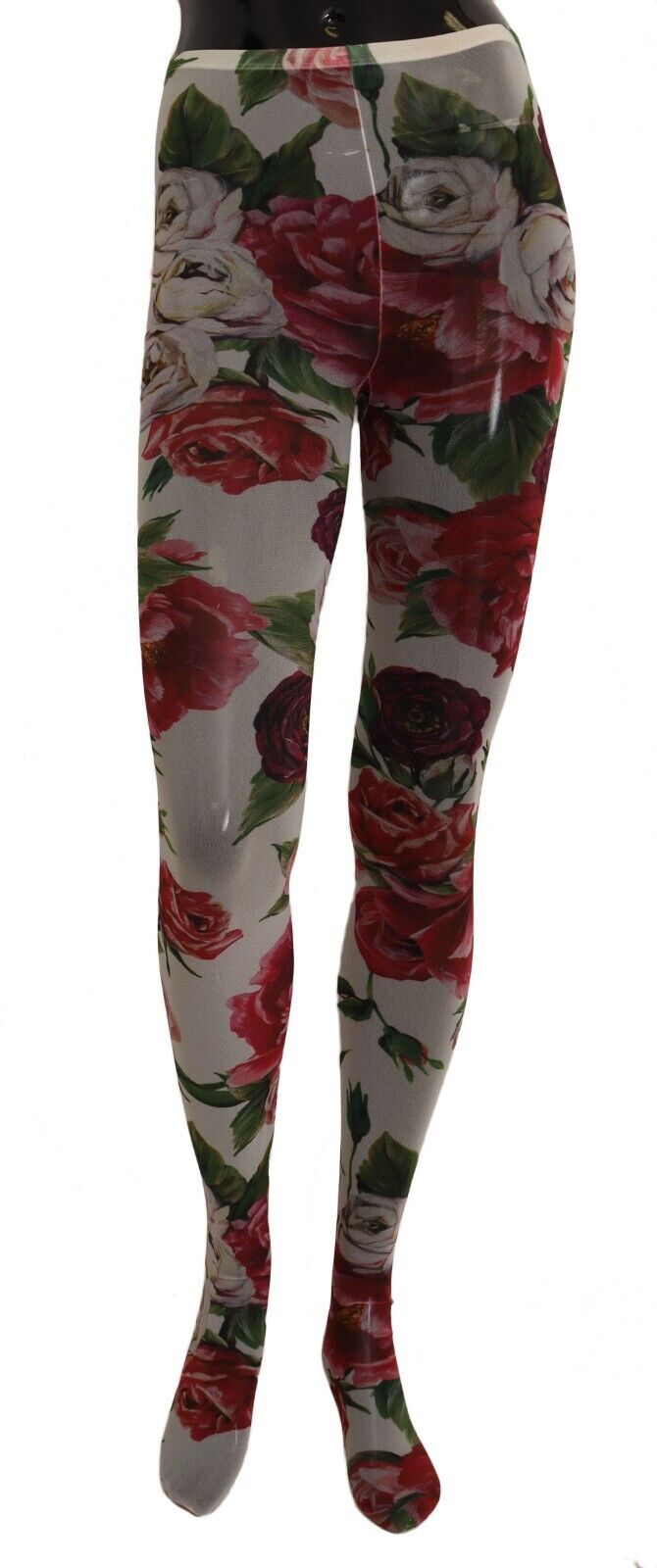 Collants en nylon blancs Dolce & Gabbana avec imprimé floral, visibles sur une mannequin.