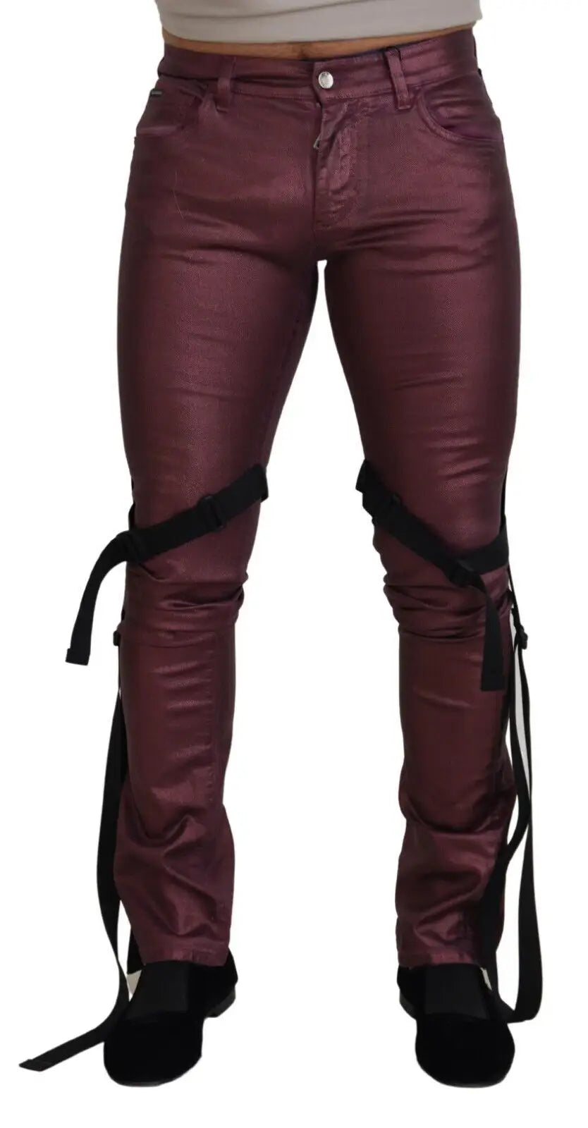 Jeans décontractés dolce & gabbana pour homme en coton magenta avec finition métallique mauve et accents de sangles noires