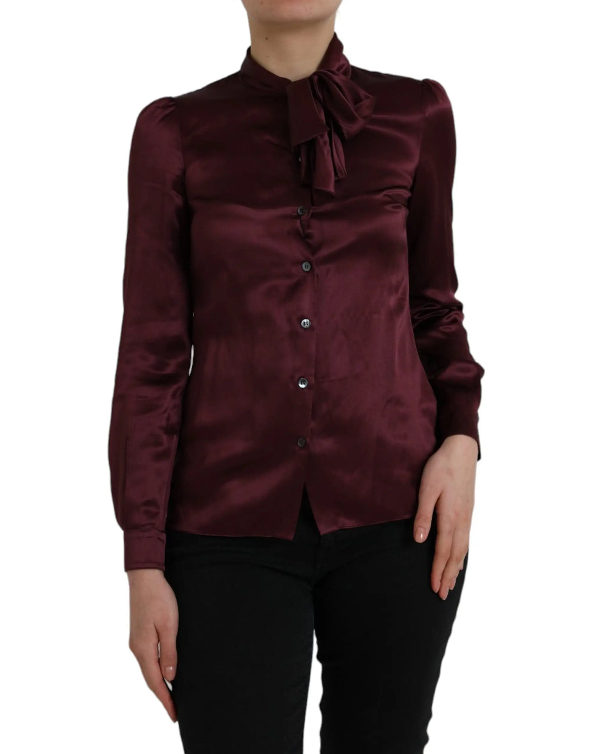 Blouse dolce & gabbana en satin bordeaux avec col ascot noué et manches longues