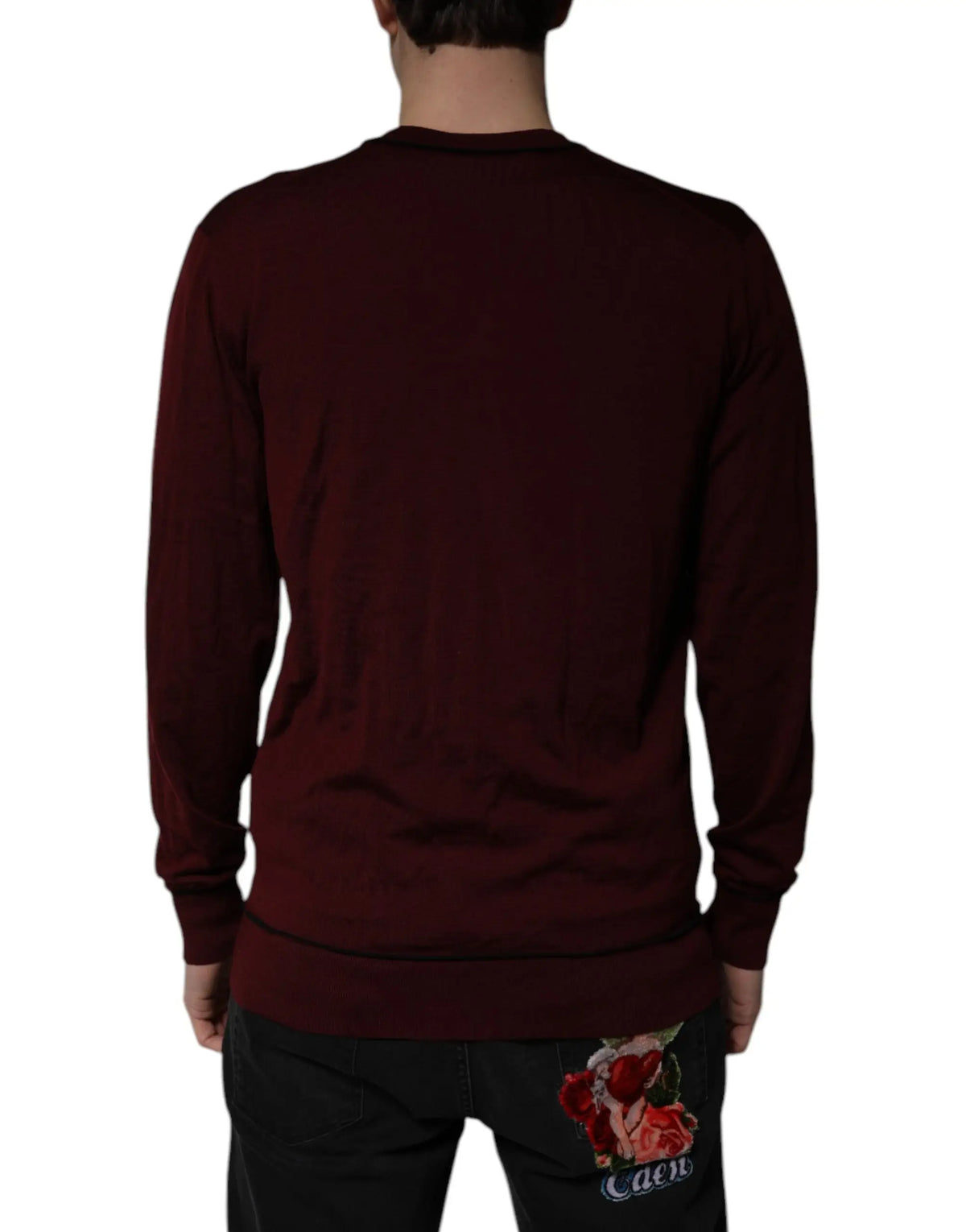 Pull-over homme dolce & gabbana en cachemire bordeaux à col en v avec motif rose brodée sur le dos