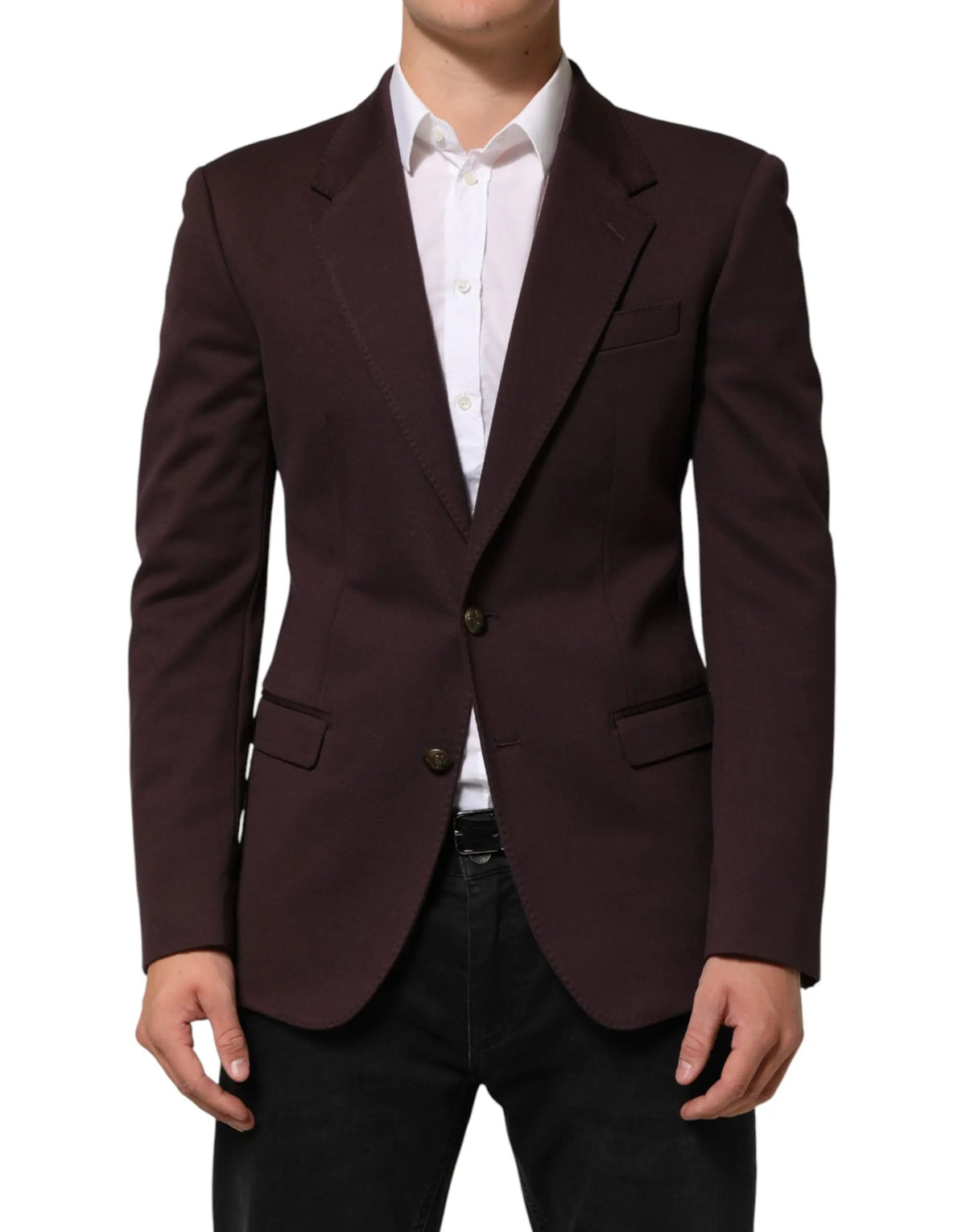 Un blazer sur mesure dolce & gabbana en coton bordeaux foncé avec fermeture à deux boutons et revers crantés classique