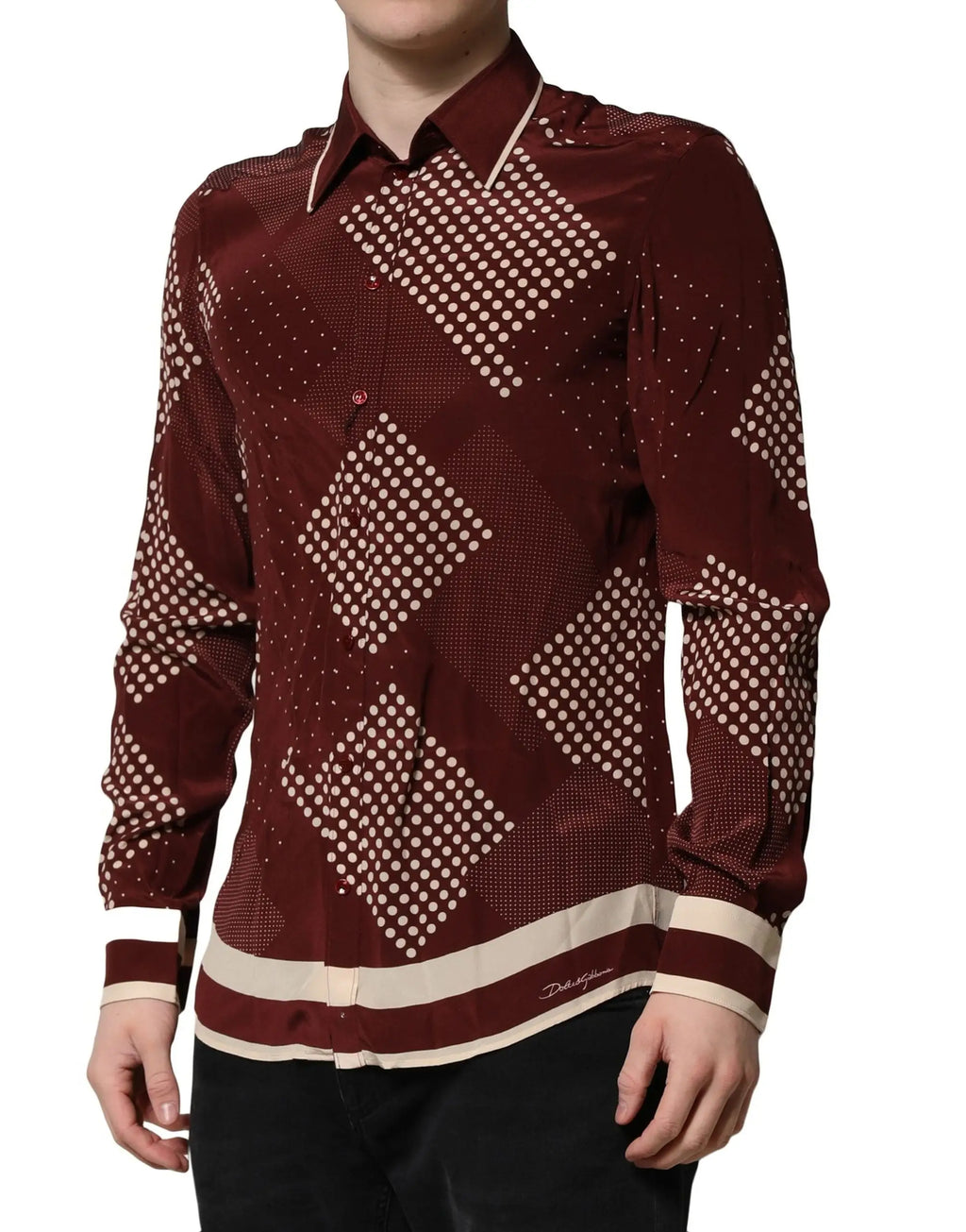 Chemise casual manches longues en soie marron dolce & gabbana à pois blancs et motifs géométriques avec bordure crème