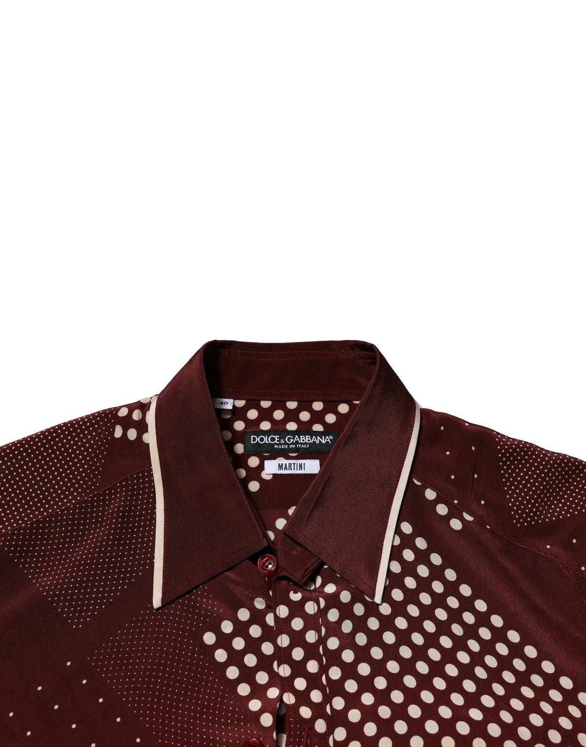 Chemise casual à manches longues en soie dolce & gabbana marron à pois blancs avec col crème contrastant