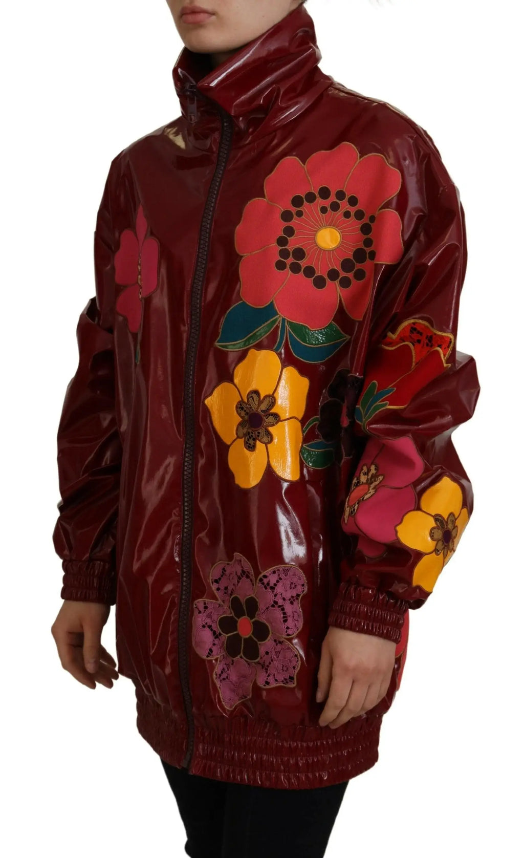 Veste femme dolce et gabbana en polyester bordeaux brillante avec appliqués floraux oversize rouges jaunes et roses