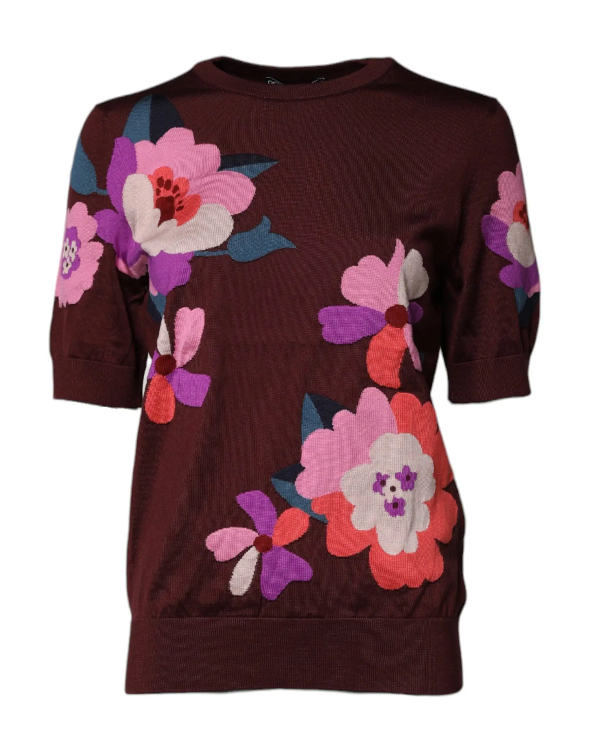 Pull en soie à col rond dolce & gabbana marron avec broderie florale multicolore vive en tricot