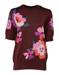 Pull à col rond en soie maroon dolce & gabbana avec broderie florale multicolore vive en tricot