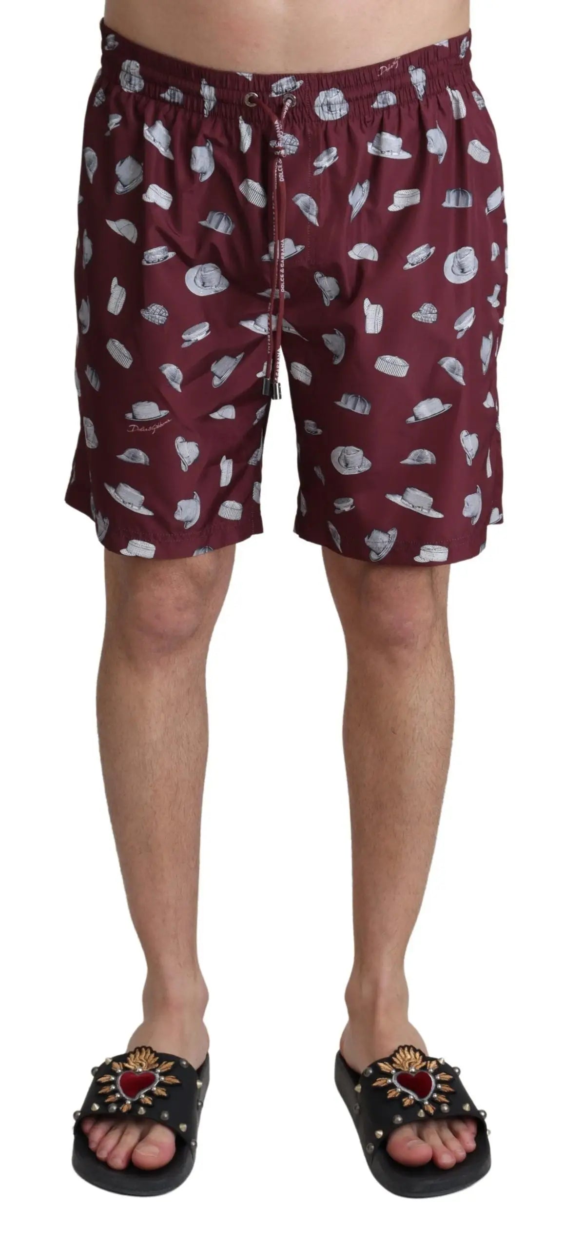 Dolce & gabbana maroon beachwear shorts with white and silver hats print elastic waistband and drawstring closure
