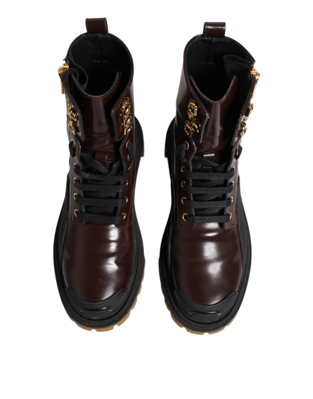 Bottes biker mi-mollet dolce & gabbana en cuir verni bordeaux avec détails métalliques dorés et lacets noirs