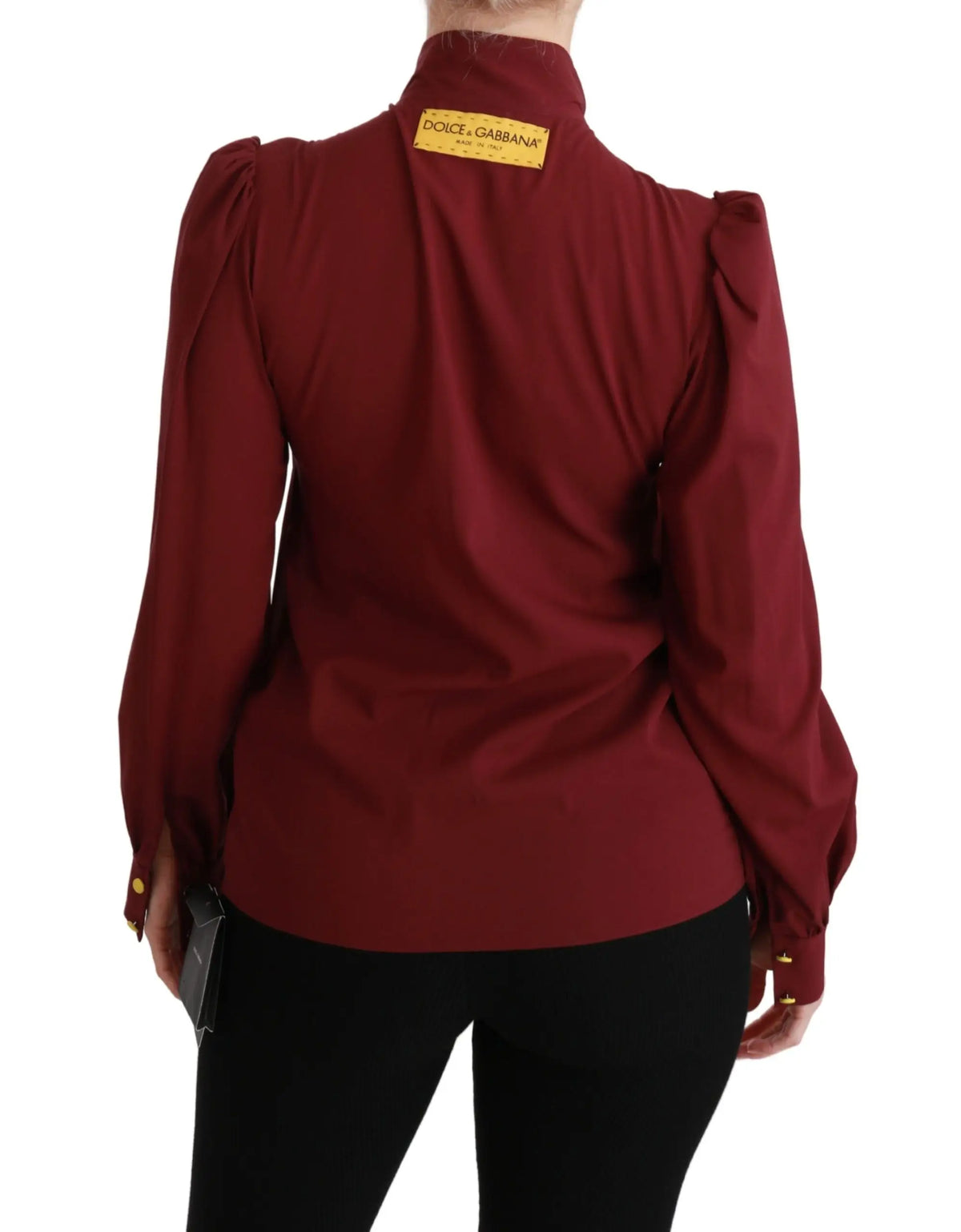 Blouse dolce & gabbana bordeaux en soie avec manches ballon et col montant à boutons dorés