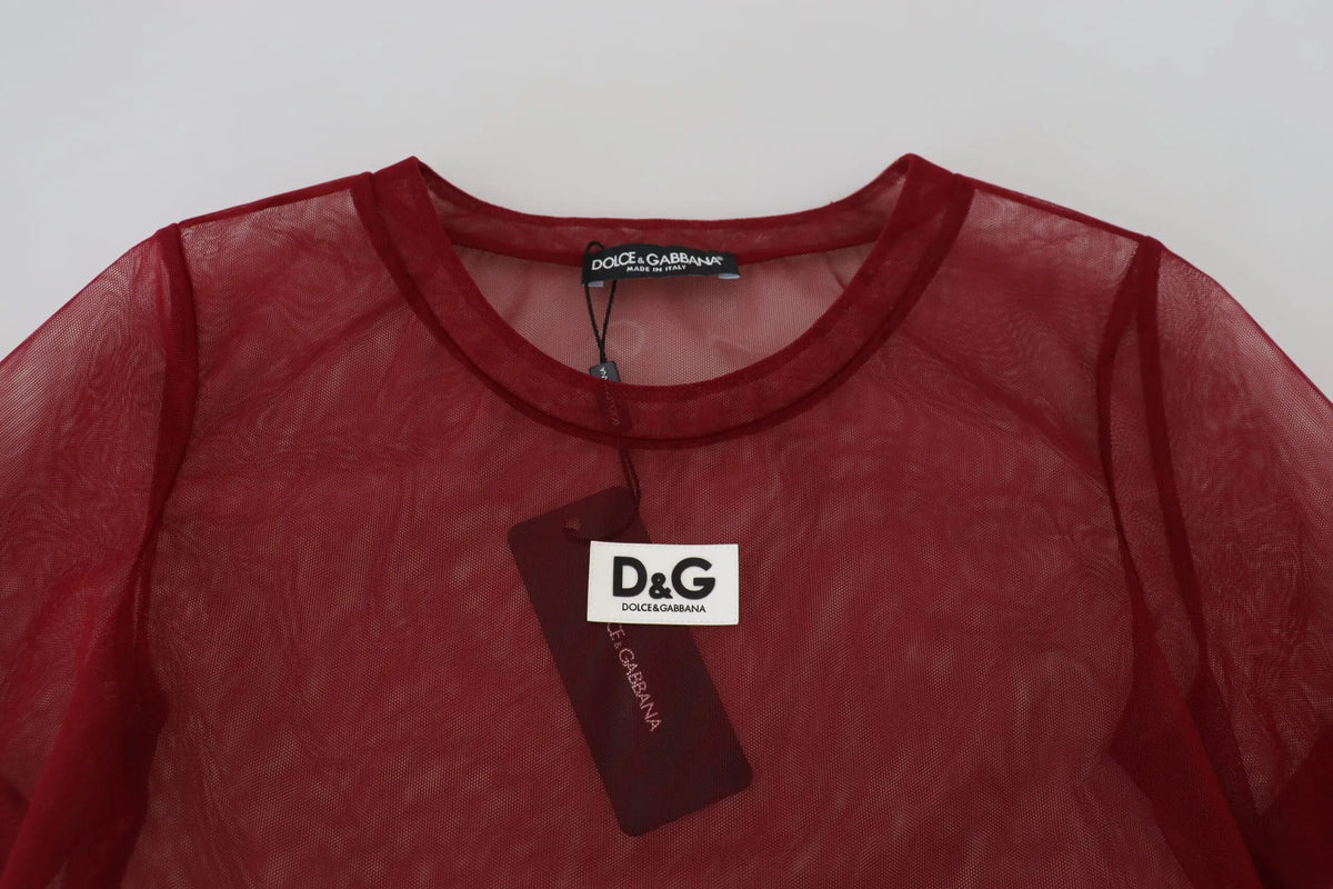 Top sheer rouge dolce gabbana en nylon avec col rond et manches longues assorti à robe mini rouge à deux couches