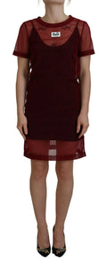 Robe rouge bordeaux dolce gabbana en nylon avec manches en maille transparente et jupe à couches semi-transparente