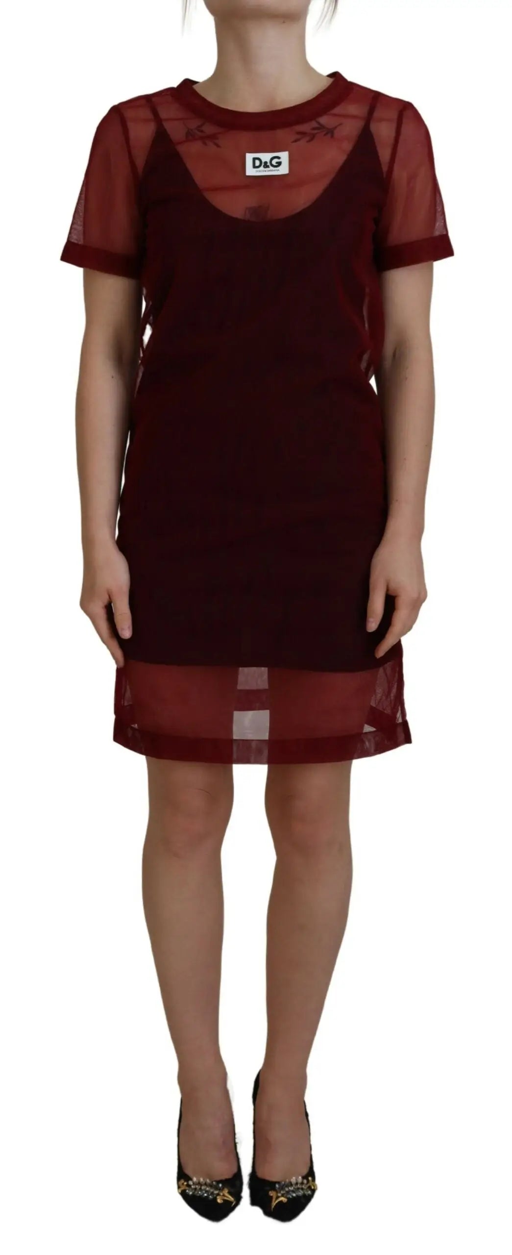 Robe rouge bordeaux dolce gabbana en nylon avec manches en maille transparente et jupe à couches semi-transparente