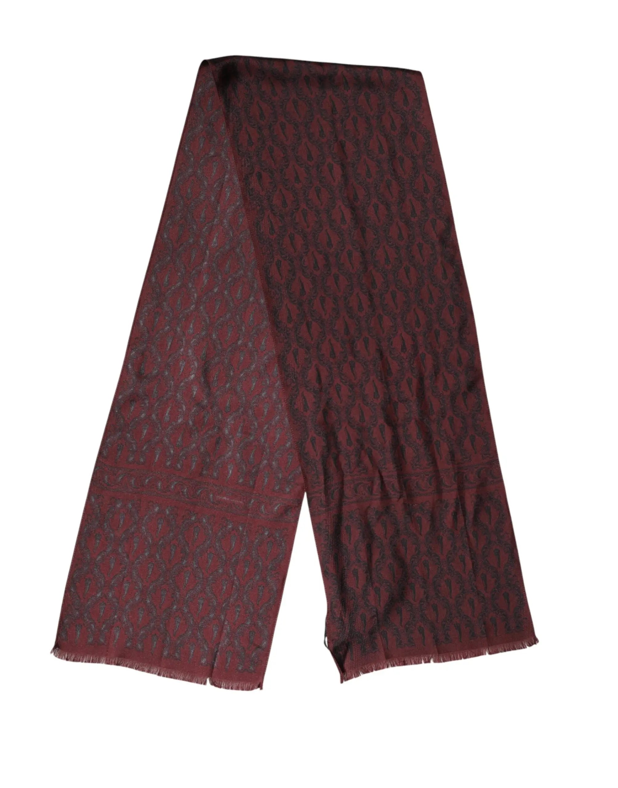 Écharpe foulard en soie bordeaux dolce & gabbana avec motif sombre complexe et bords frangés pour homme