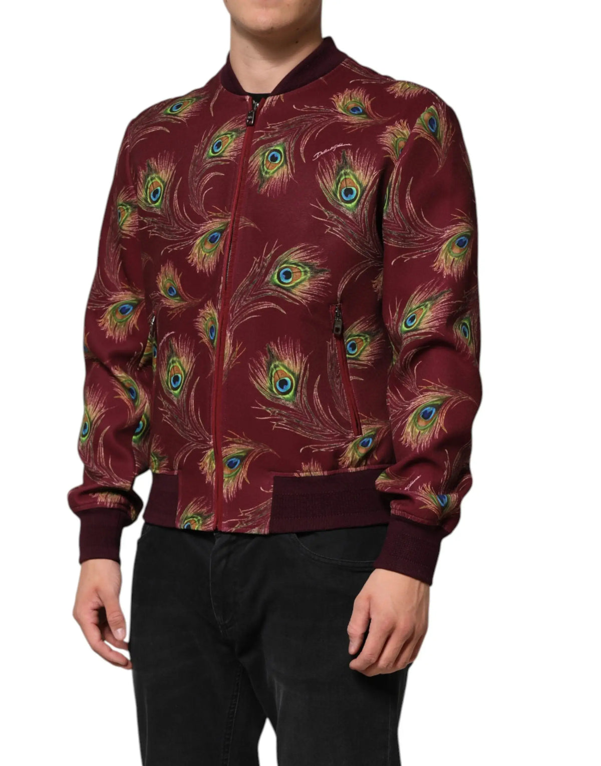Dolce & gabbana blouson aviateur marron avec motif plumes de paon vert bleu et or sur le dos