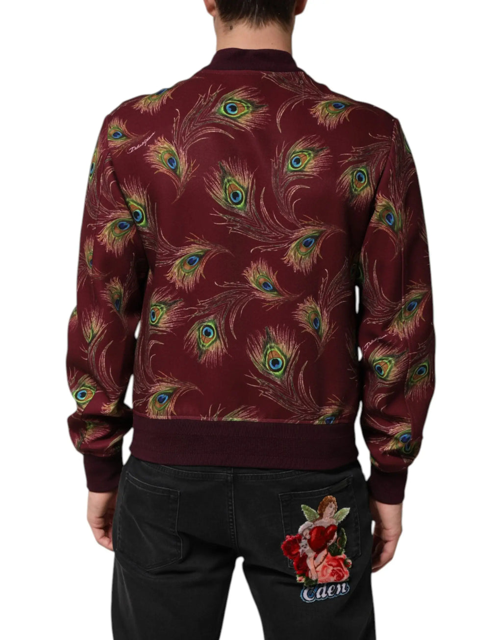 Veste bomber maroon dolce et gabbana avec imprimé plume de paon vibrant au dos en tissu léger