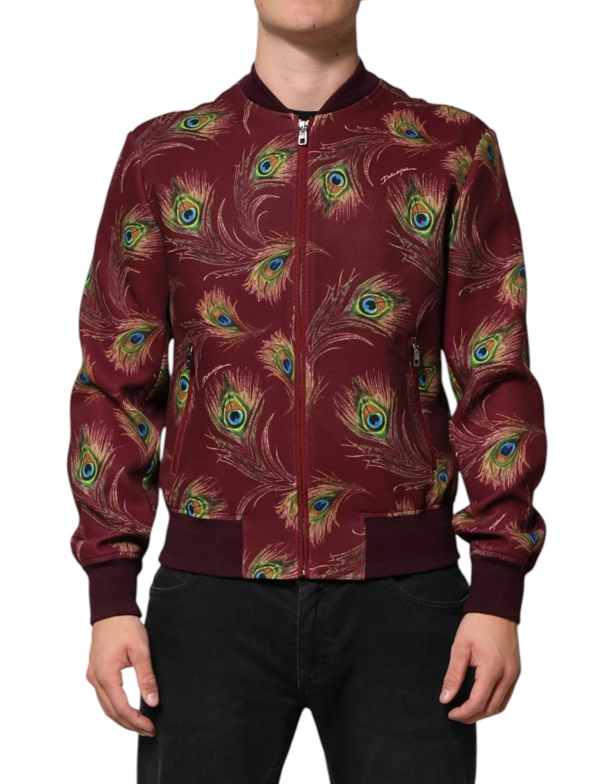 Dolce & Gabbana bomber marron avec imprimé plume de paon iridescent bleu vert et or