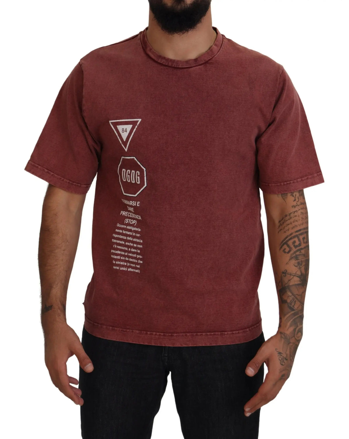 T-shirt maroon en coton légèrement délavé avec imprimé blanc géométrique dolce & gabbana manches courtes col rond