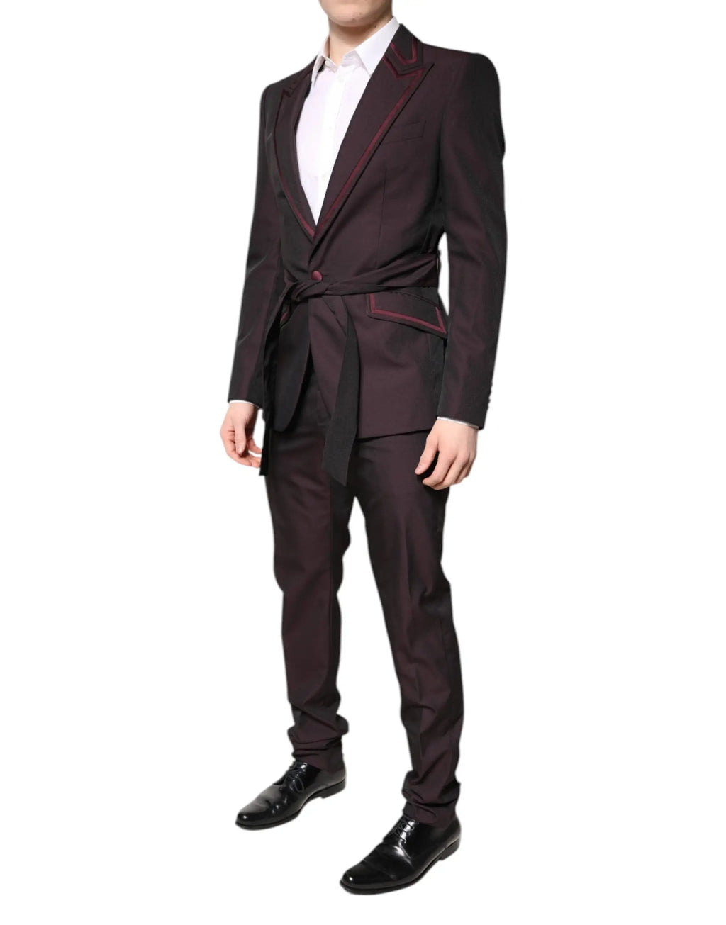 Costume formel deux pièces dolce & gabbana bordeaux foncé avec bordure marron et ceinture assortie
