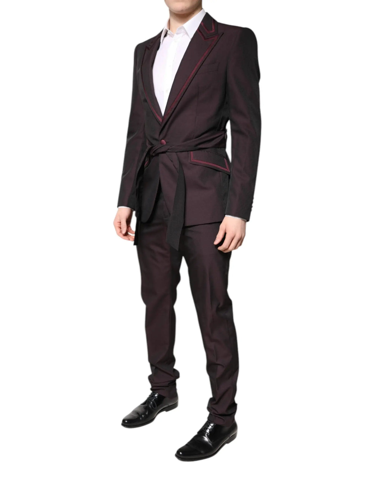 Costume formel deux pièces dolce & gabbana bordeaux foncé avec bordure marron et ceinture assortie